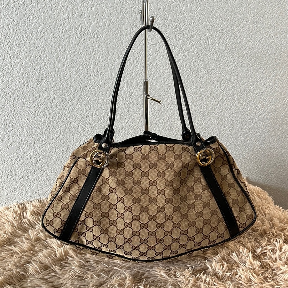 Auth GUCCI Black Leather Brown GG Canvas Abbey Shoulder Bag
